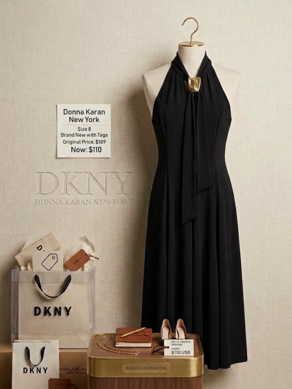 DKNY Black Halter Maxi Dress with Gold Accent
